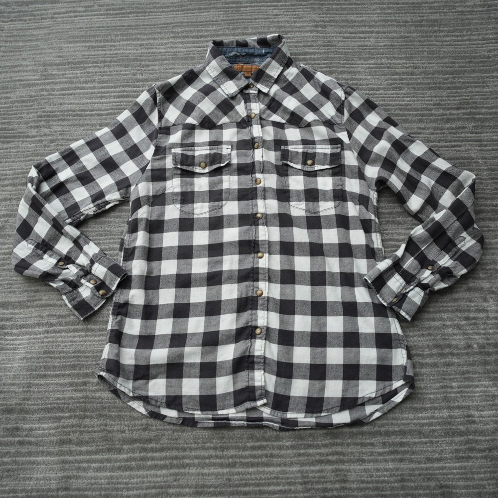 Jacks Girlfriend Flannel Women  Pearl Snap 2 Pockets Black Gray White‎ Medium